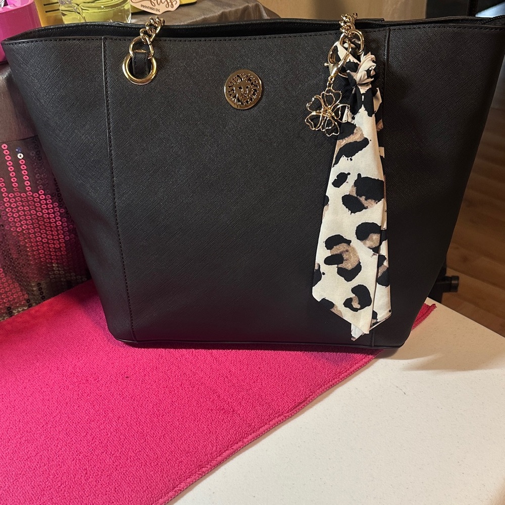 Anne Klein Black Tote with Gold and Animal Print Scarf